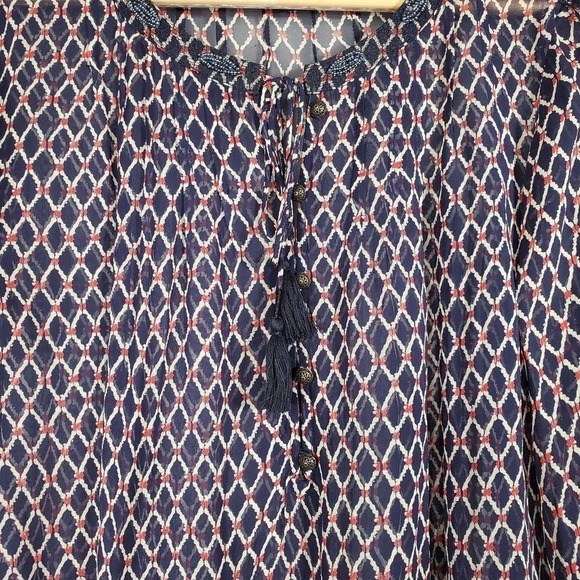 Lucky Brand Diamond Pattern Peasant Top Beaded Navy Red White Size XS - Picture 2 of 11